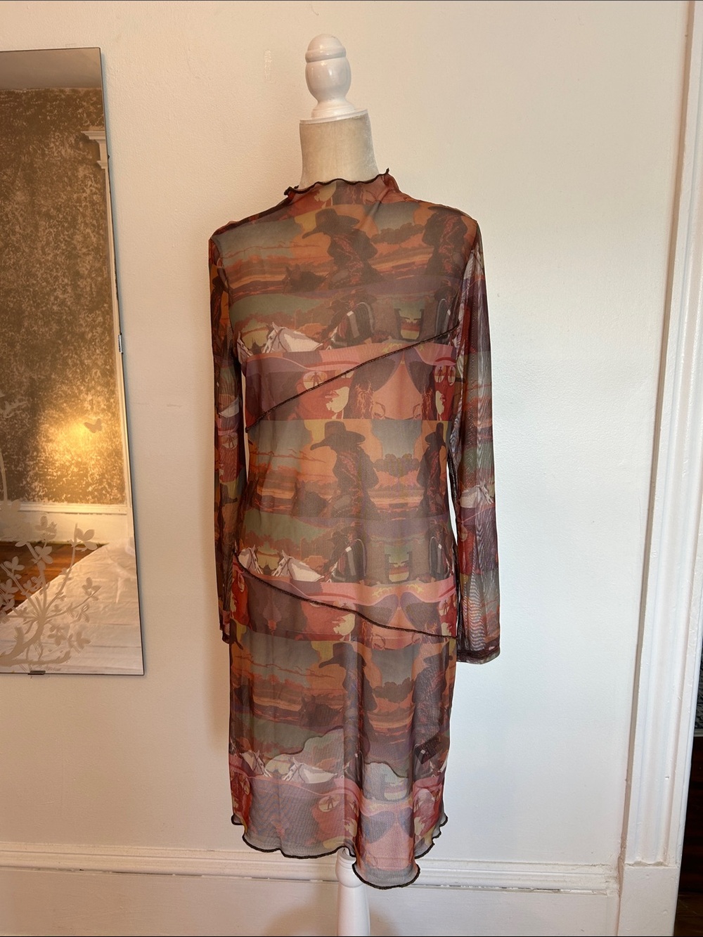 Sheer Long-Sleeve Layered Midi Dress in Rust Multi-Print